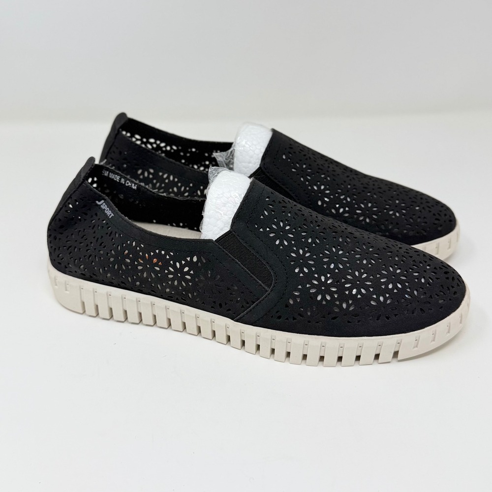 J Sport Womens 8 Black Slip On Perforated Floral Laser Cut Casual Sneakers